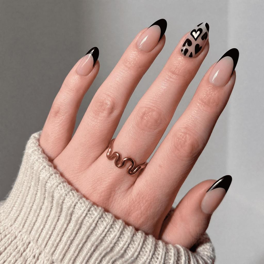 Black French Tip Almonds with Leopard Accent — Medium Almond Nails 2027