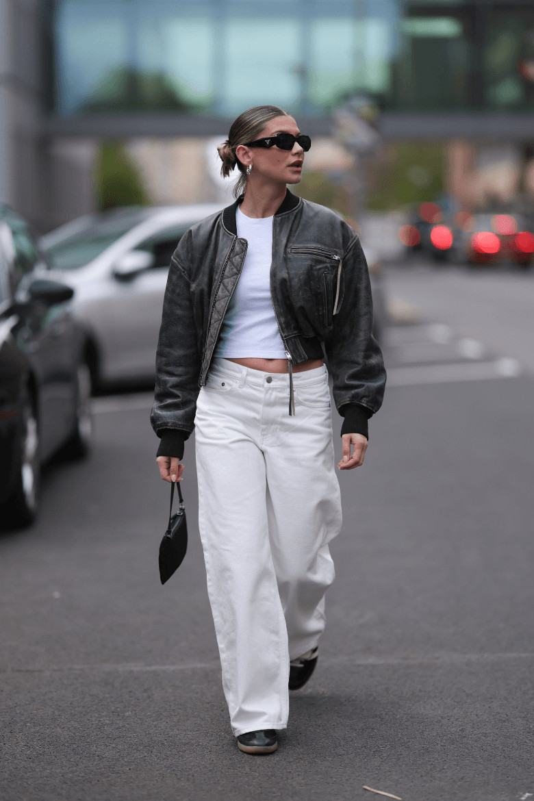 Casual Streetwear Cropped Leather Bomber Jacket with White Wide Leg Jeans Casual Streetwear Cropped Leather Bomber Jacket with White Wide Leg Jeans — Sweater and Jeans Outfits 2027