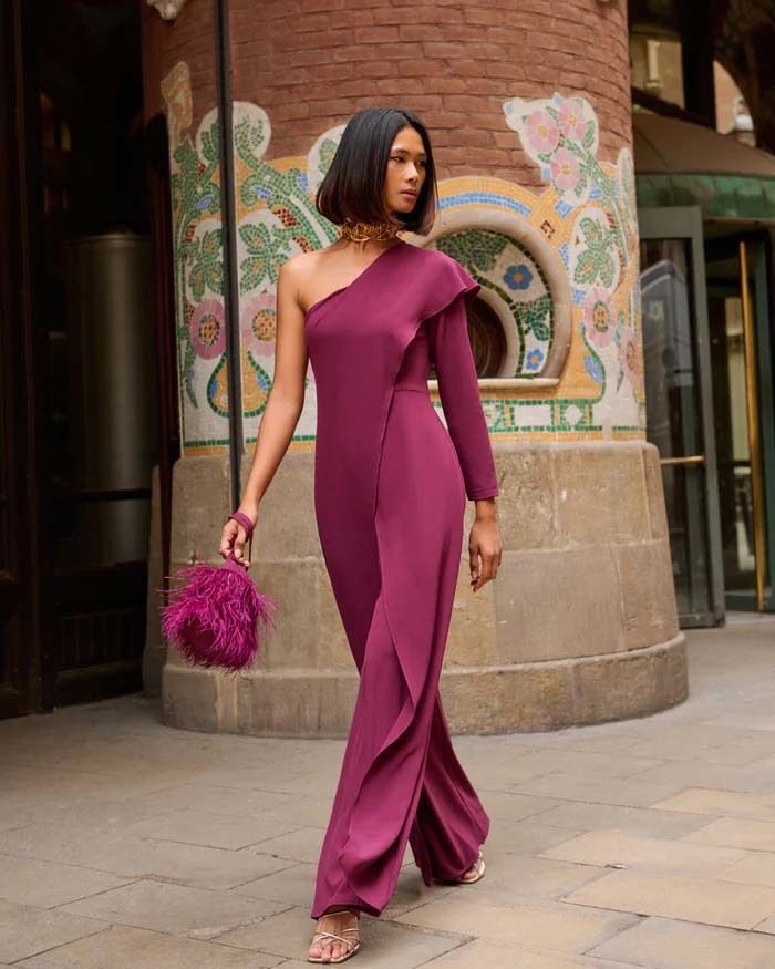 Deep Plum One-Shoulder Jumpsuit with Ruffle Detail Deep Plum One-Shoulder Jumpsuit with Ruffle Detail — Wedding Guest Outfits 2027