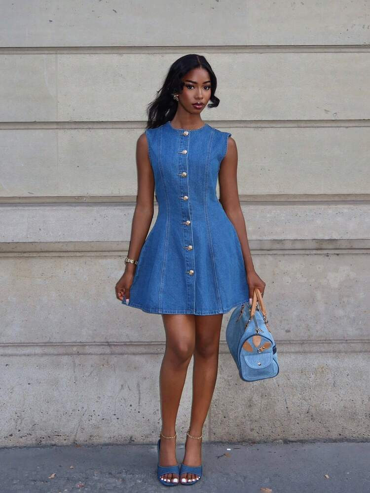 Casual Blue Denim Fit-and-Flare Mini Dress — Mini Dresses 2027