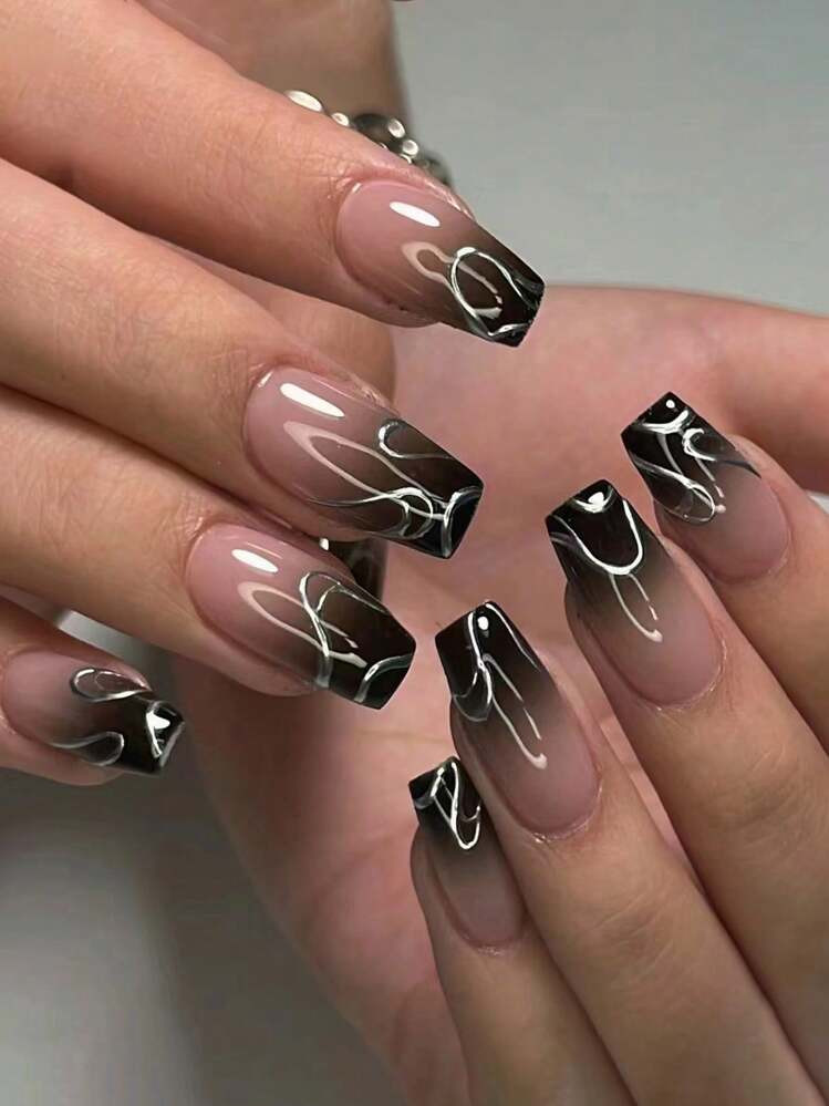 Short Nude to Black Swirl Nails Short Nude to Black Swirl Nails — Gothic Coffin Nails 2027