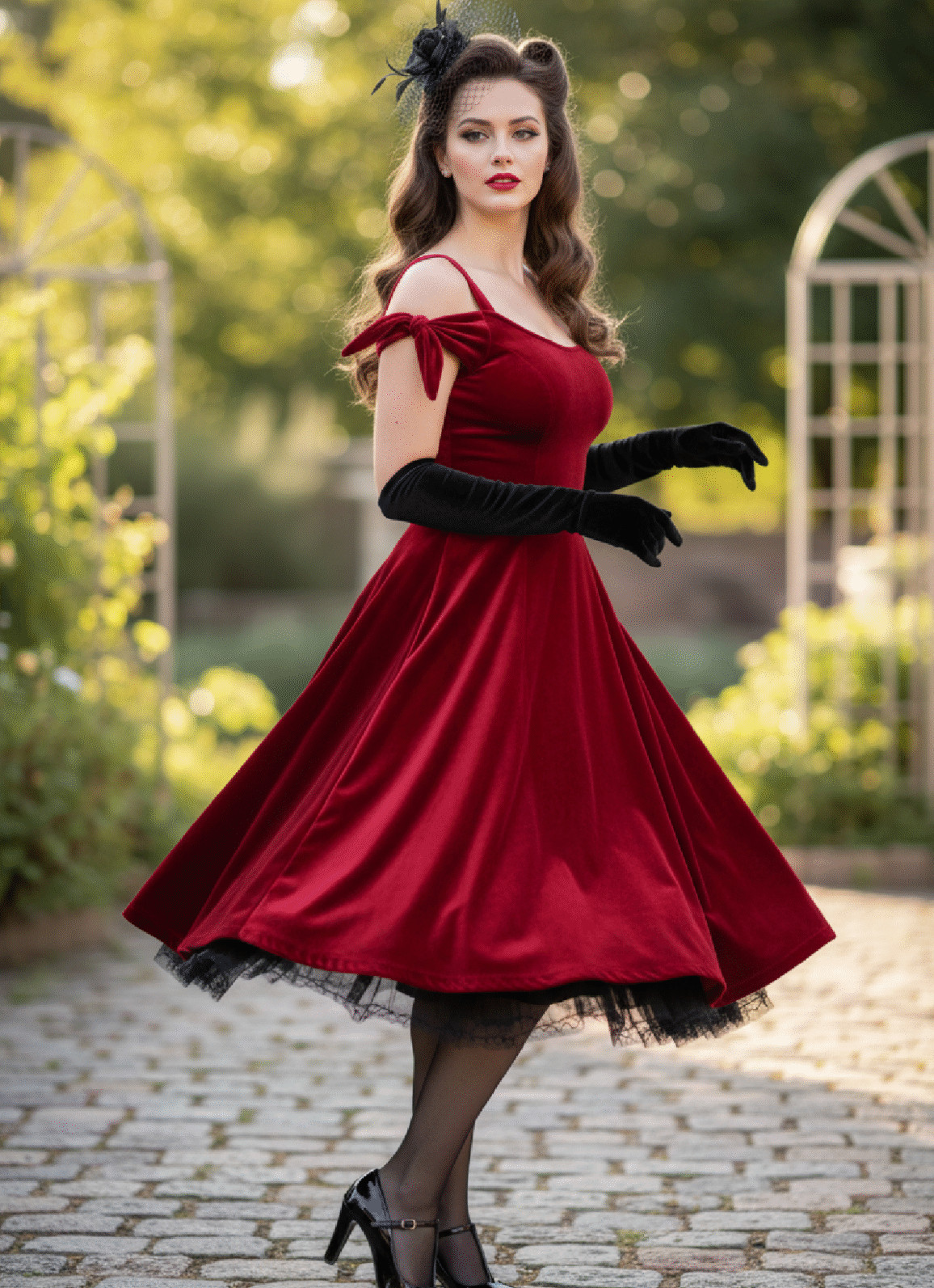 Vintage Red Velvet Dress with Lace Trim and Off-the-Shoulder Style Vintage Red Velvet Dress with Lace Trim and Off-the-Shoulder Style — Red Prom Dresses 2027