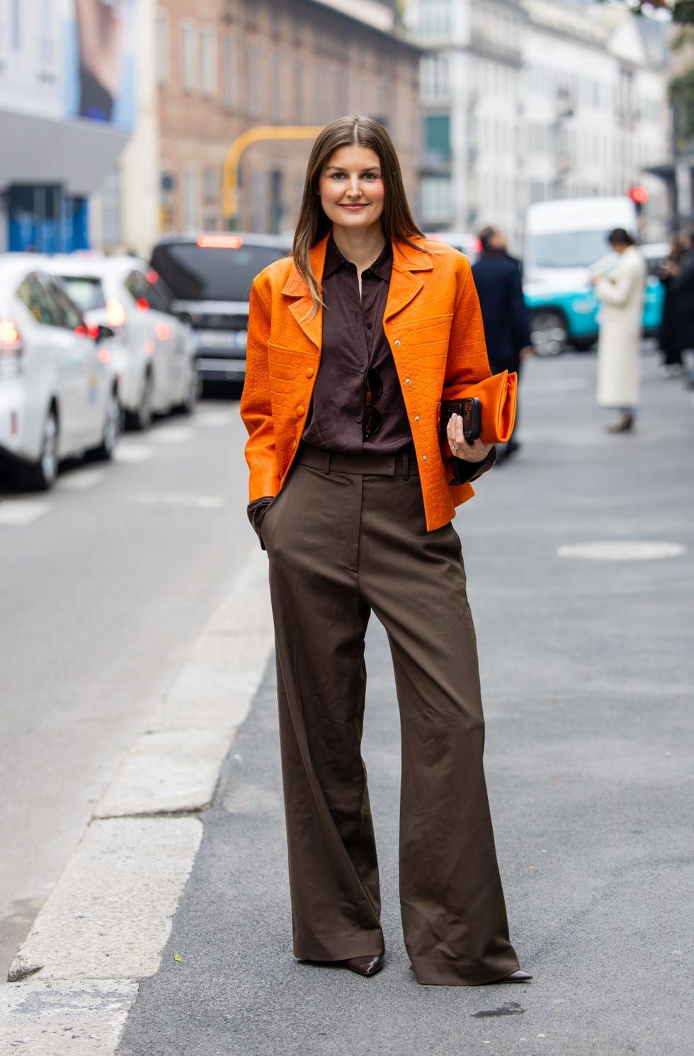 Orange Textured Blazer and Brown Trousers for Bold City Style Orange Textured Blazer and Brown Trousers for Bold City Style — Italy Outfits 2027