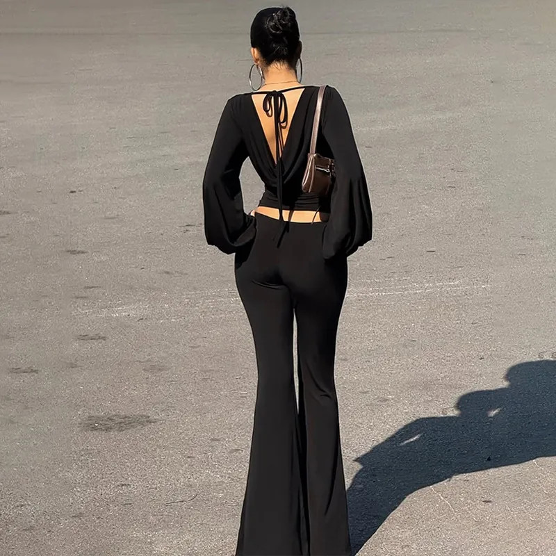 Black Open-Back Top and Flared Trouser Evening Set Black Open-Back Top and Flared Trouser Evening Set — Matching Set Outfits 2027