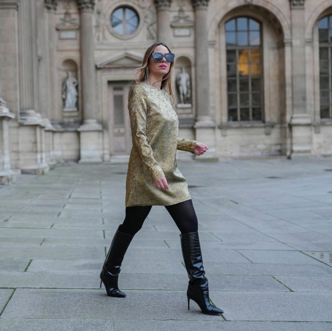 Gold Sequin Mini Dress with Black Pointed-Toe Knee-High Boots Gold Sequin Mini Dress with Black Pointed-Toe Knee-High Boots — Knee High Boots Outfits 2027