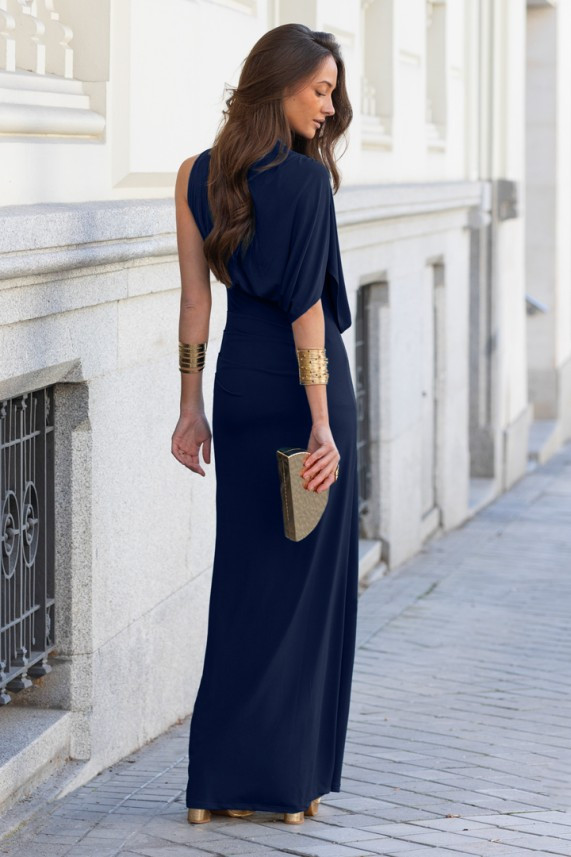 Navy Blue One-Shoulder Gown with Draped Sleeve and Gold Accents — Cotillion Outfits 2027