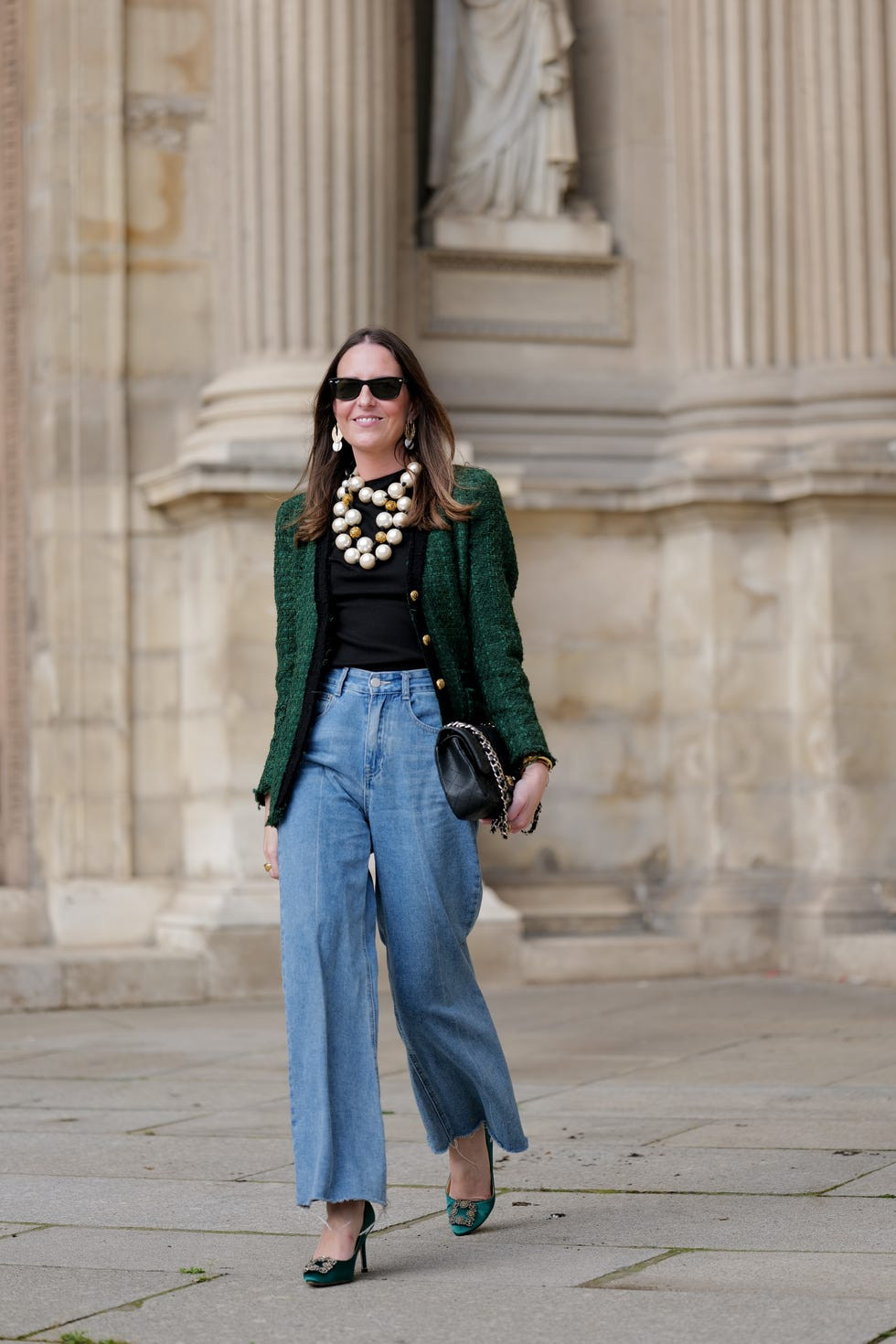 Green Tweed Jacket with Wide-Leg Jeans and Embellished Heels Green Tweed Jacket with Wide-Leg Jeans and Embellished Heels — Winter Casual Outfits 2027