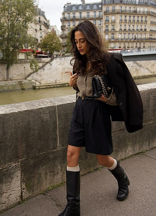 Draped Blazer with Knit Cardigan and Knee-High Boots — French Girl Outfits 2027