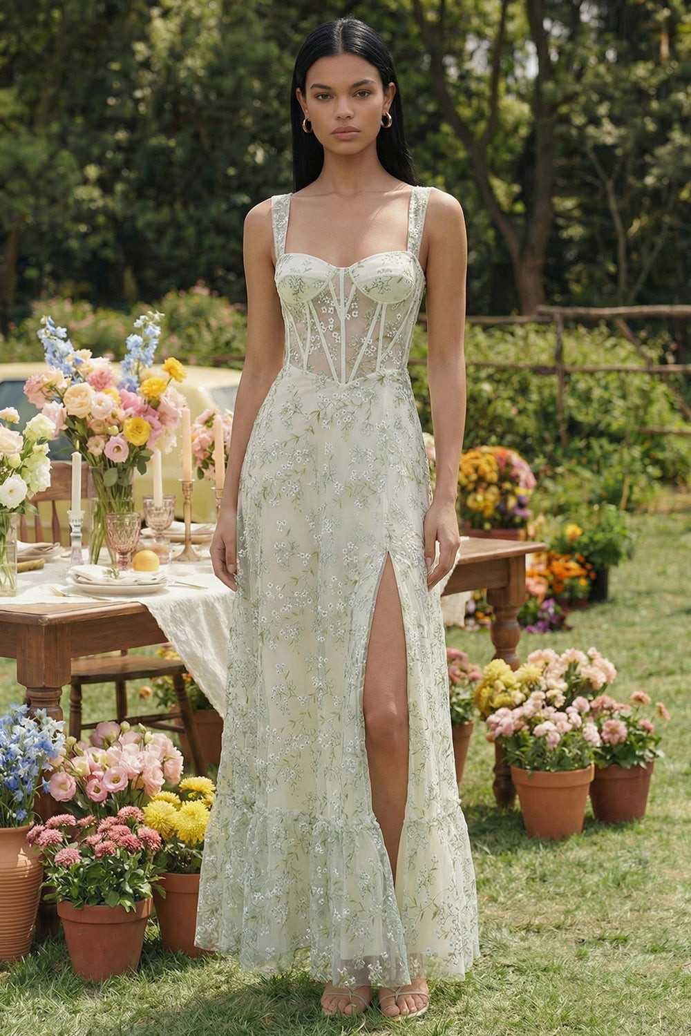 Light Green Floral Corset Midi Dress Styling: Proportion Light Green Floral Corset Midi Dress Styling: Proportion — Corset Dress Outfits 2027