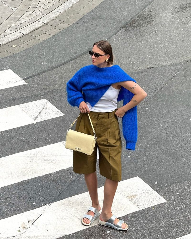 Cropped Cobalt Blue Sweater with Olive Shorts for Casual Warm Weather Cropped Cobalt Blue Sweater with Olive Shorts for Casual Warm Weather — Cobalt Blue Outfits 2027