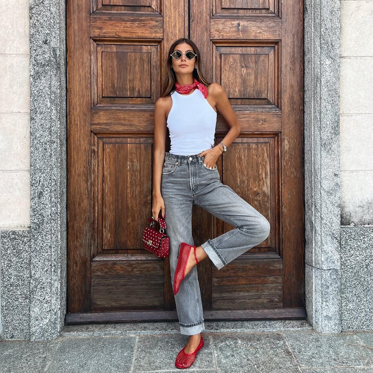 Grey Straight Leg Jeans with White Tank and Bold Red Accessories Grey Straight Leg Jeans with White Tank and Bold Red Accessories — Straight Leg Jeans 2027