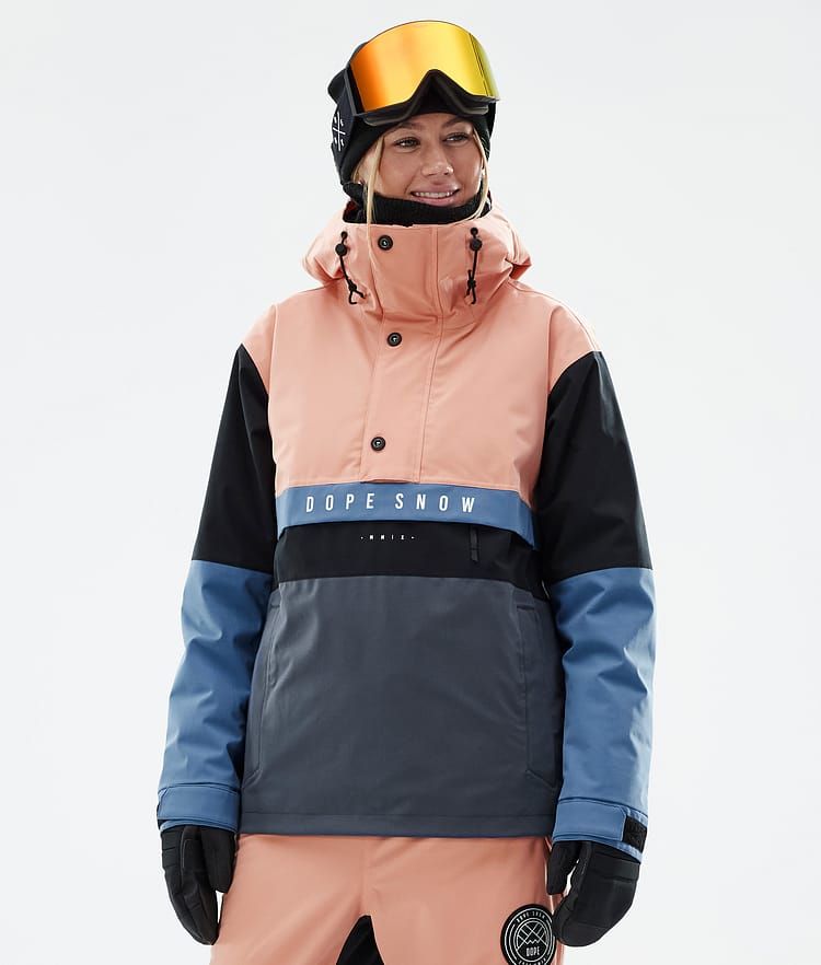Peach, Blue, Grey, and Black Color-Blocked Ski Jacket Peach, Blue, Grey, and Black Color-Blocked Ski Jacket — Ski Outfits for Women 2027