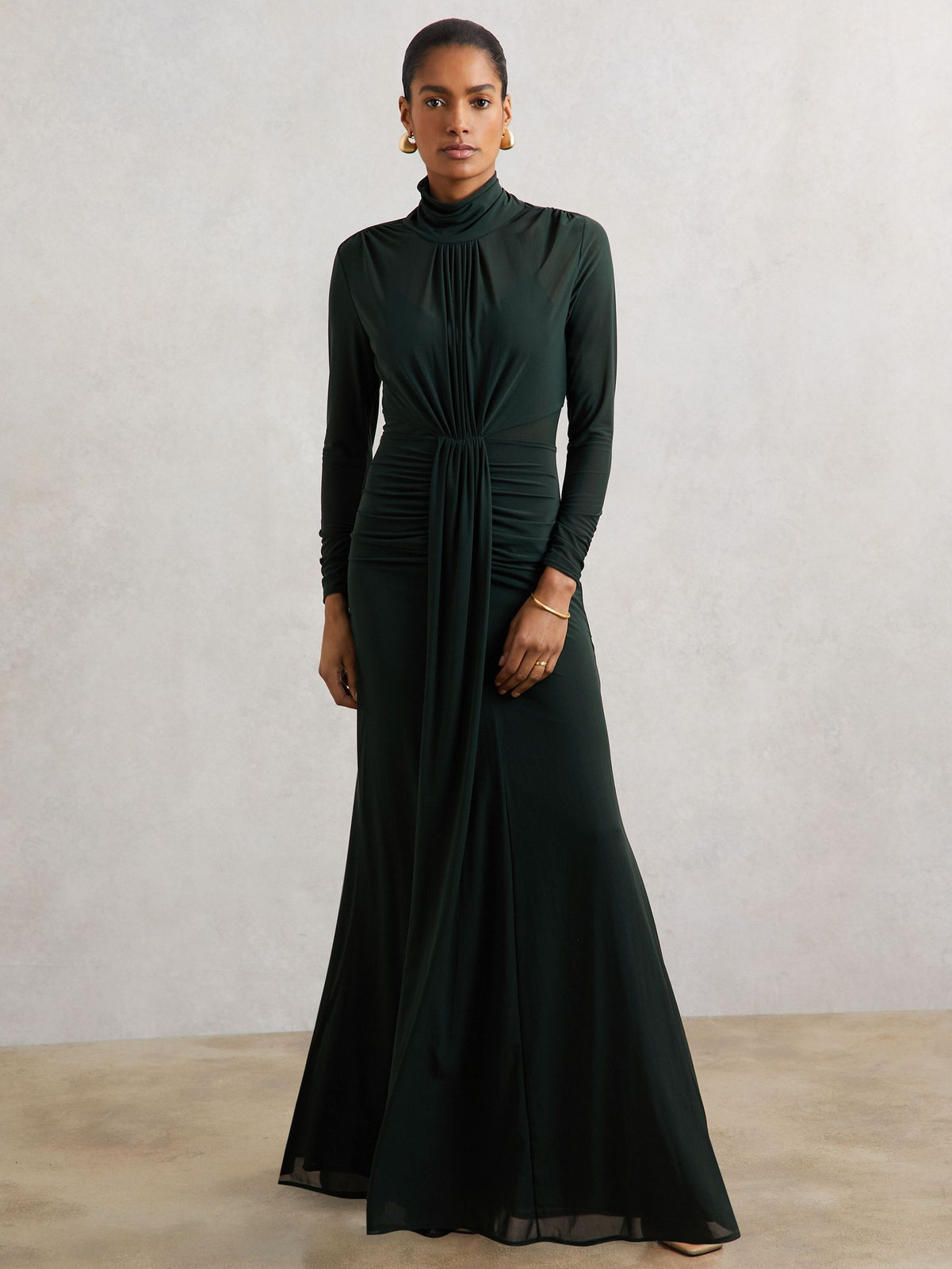 Dark Green Ruched Bodice Maxi Dress with High Neckline Dark Green Ruched Bodice Maxi Dress with High Neckline — Modest Dresses 2027