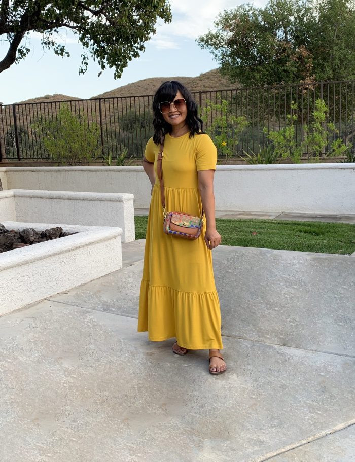 Yellow Tiered Maxi Dress with Crossbody Bag — Casual Teacher Outfits 2027