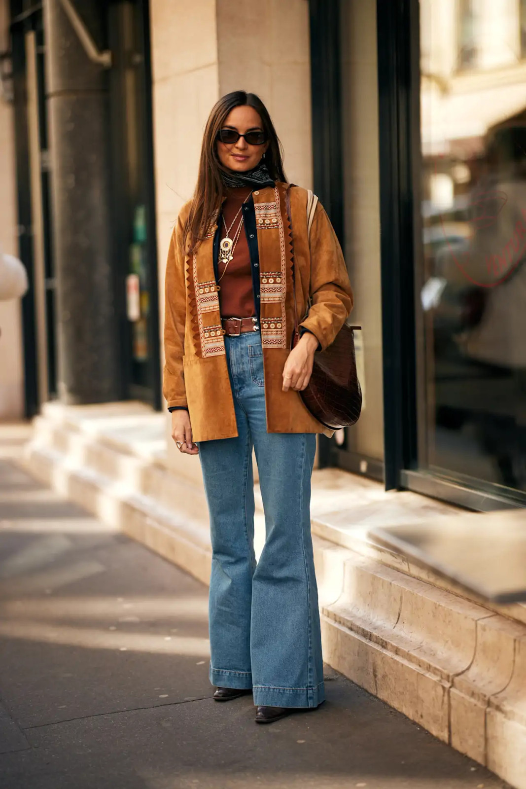 Denim Flare Pants with Knit Top and Embroidered Suede Jacket Denim Flare Pants with Knit Top and Embroidered Suede Jacket — Skinny Flare Pants Outfits 2027