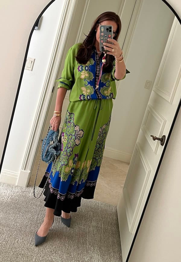 Green and Blue Printed Midi Dress with Grey Flats Green and Blue Printed Midi Dress with Grey Flats — Matching Set Outfits 2027