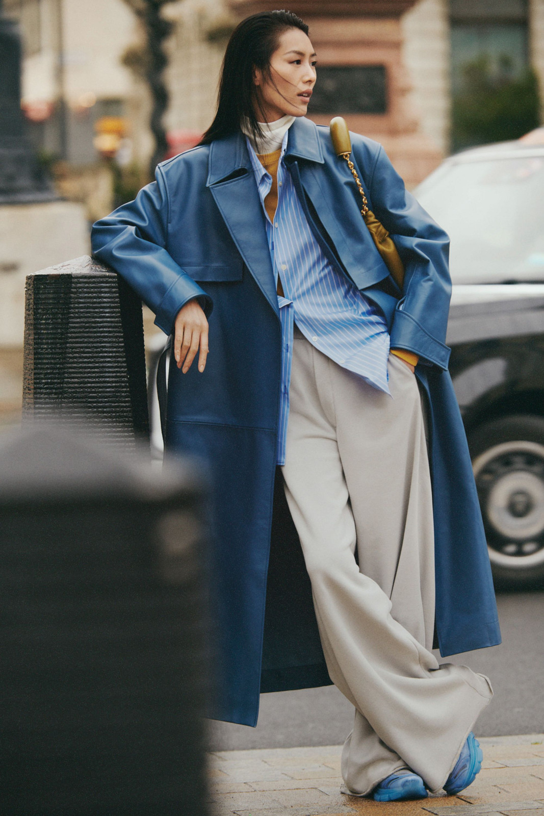 Grey Trousers with Blue Leather Trench Coat Grey Trousers with Blue Leather Trench Coat — Spring Trouser Outfits 2027