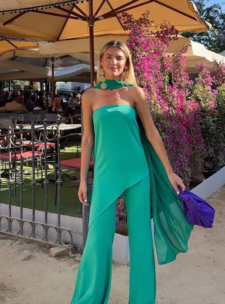 Emerald Green Strapless Jumpsuit with Asymmetrical Cape Emerald Green Strapless Jumpsuit with Asymmetrical Cape — Graduation Party Outfits 2027