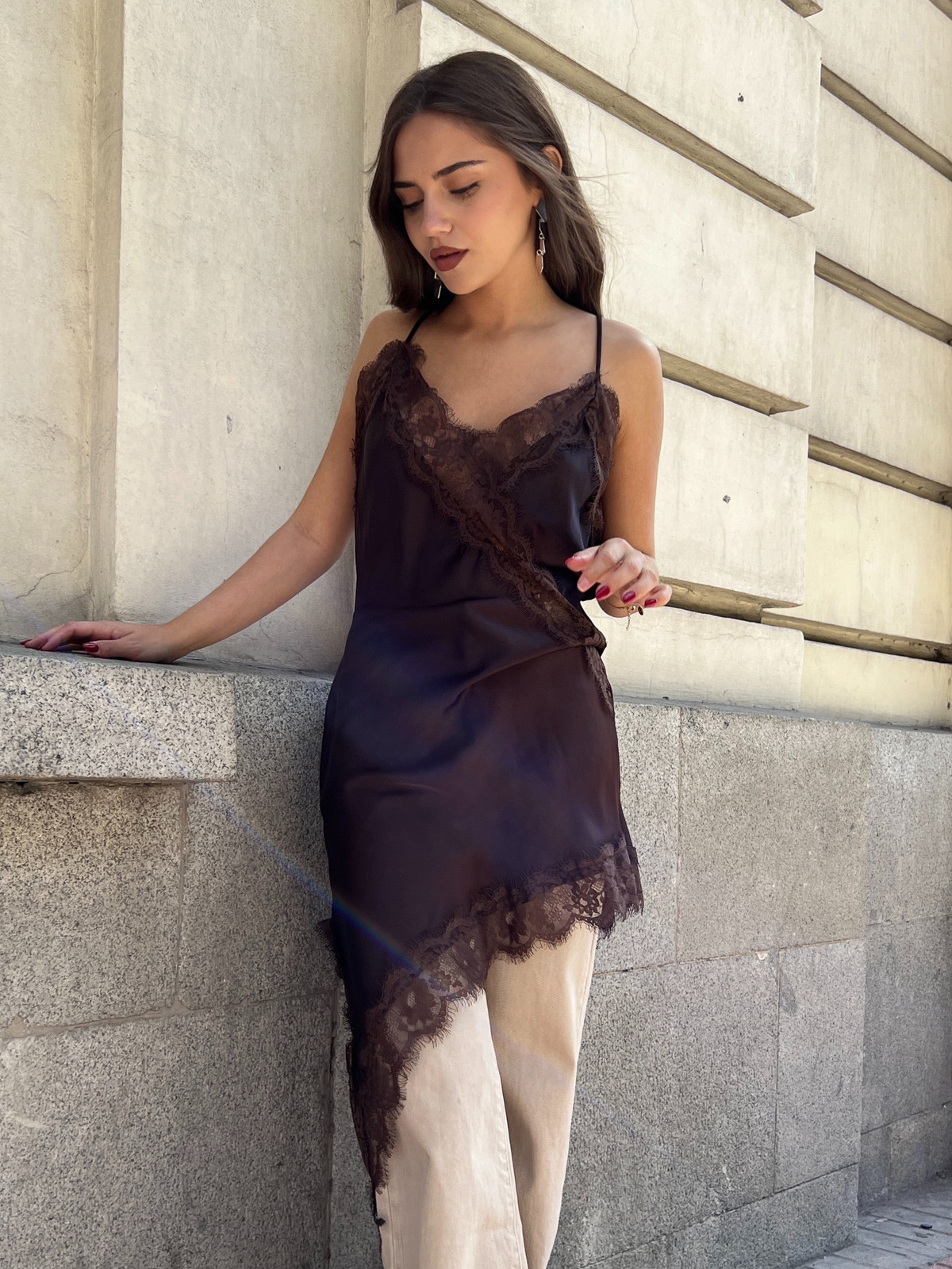 Dark Brown Slip Dress Over Beige Pants with Lace Trim Dark Brown Slip Dress Over Beige Pants with Lace Trim — Slip Dresses 2027