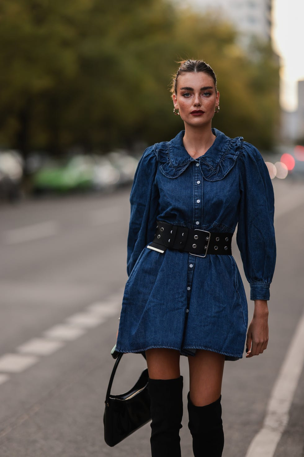 Blue Denim Shirt Dress Mini with Oversized Collar — Mini Dresses 2027