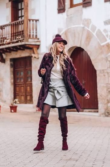 Burgundy Teddy Coat with Knee-High Boots and A-Line Skirt — Teddy Coat Outfits 2027