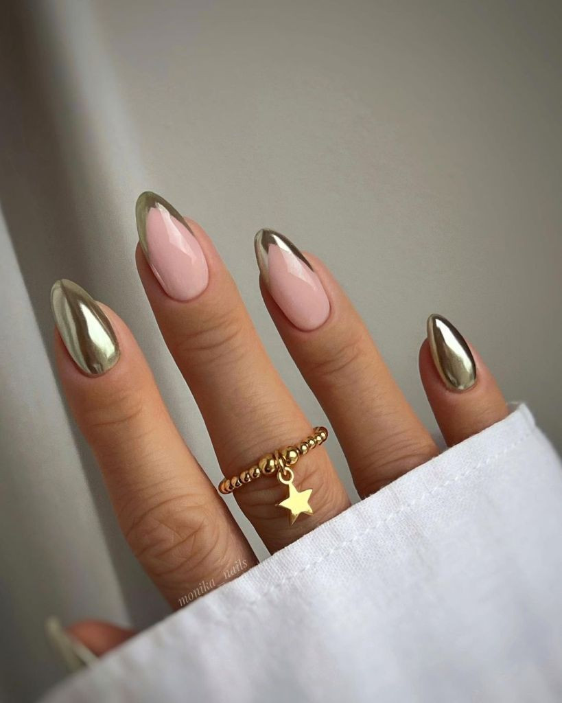 Long Almond Metallic Gold French Tips Long Almond Metallic Gold French Tips — Gold Christmas Nails 2026