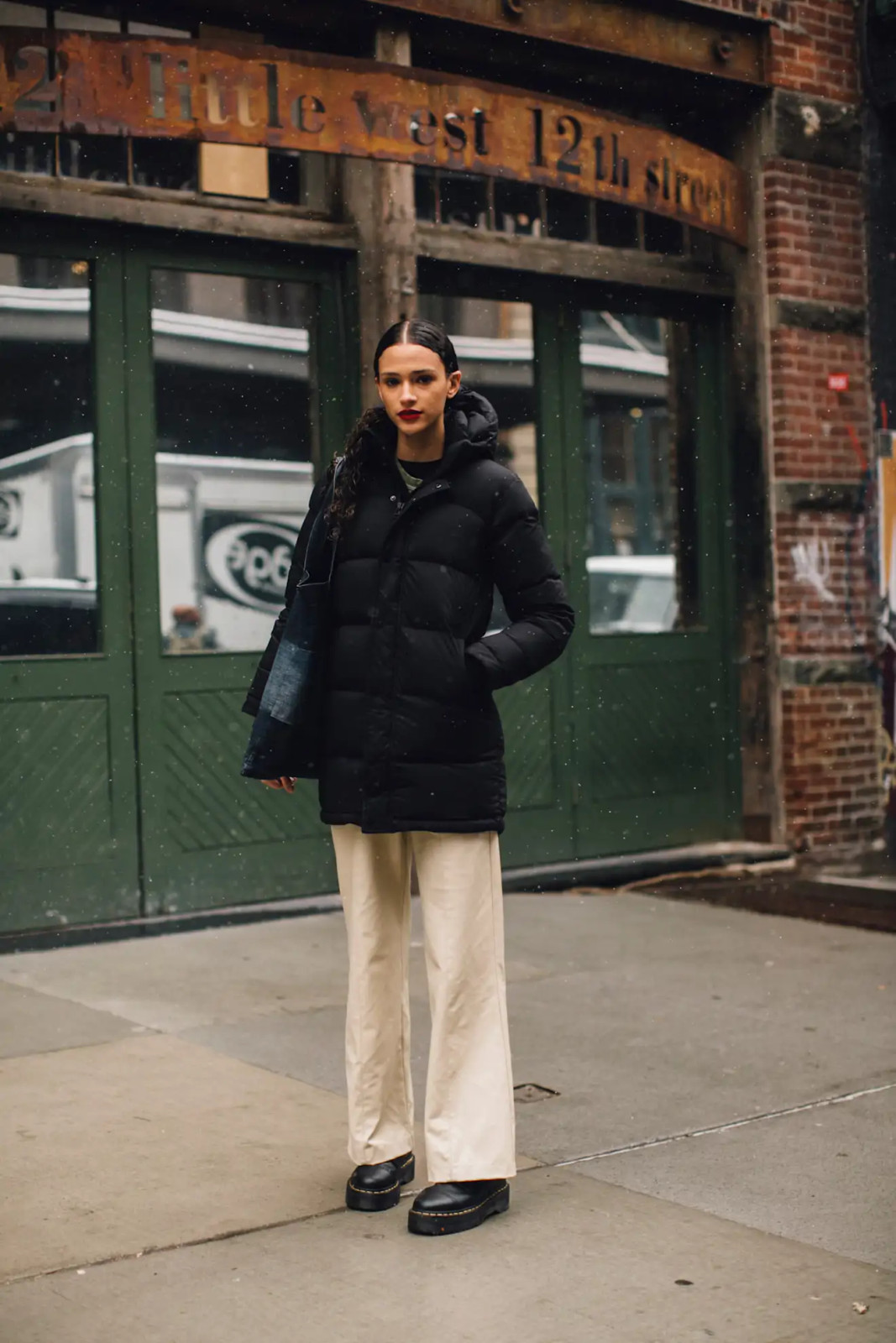 Black Hooded Puffer with Wide-Leg Trousers and Platforms — Winter Outfits 2027 with Puffer