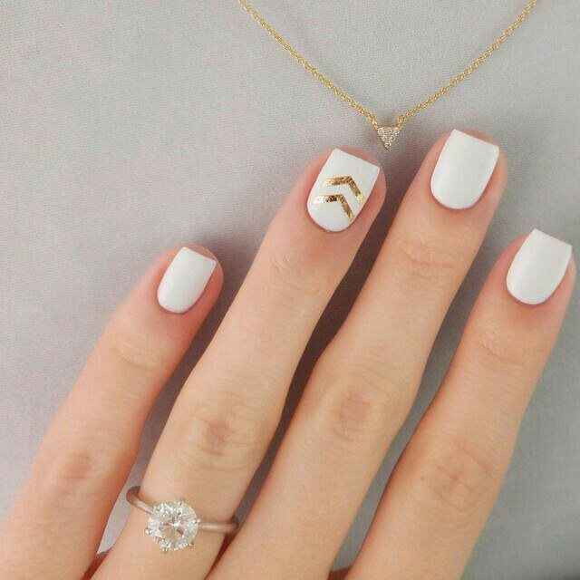 Solid White with Gold Chevron — Short Wedding Nails 2027
