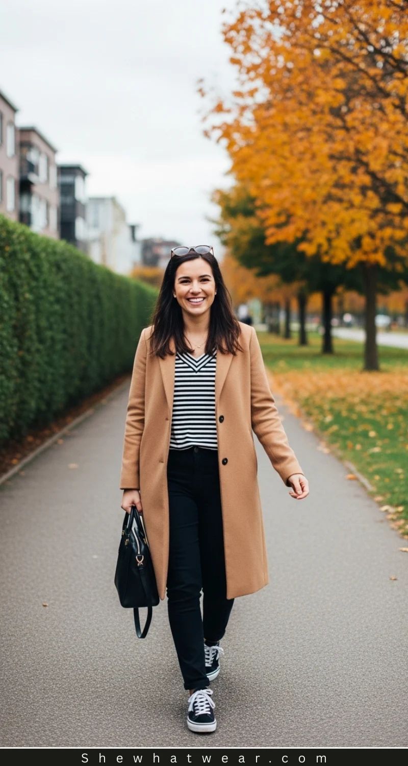 Camel Coat Over Striped Tee and Jeans Camel Coat Over Striped Tee and Jeans — New Balance Outfits 2027