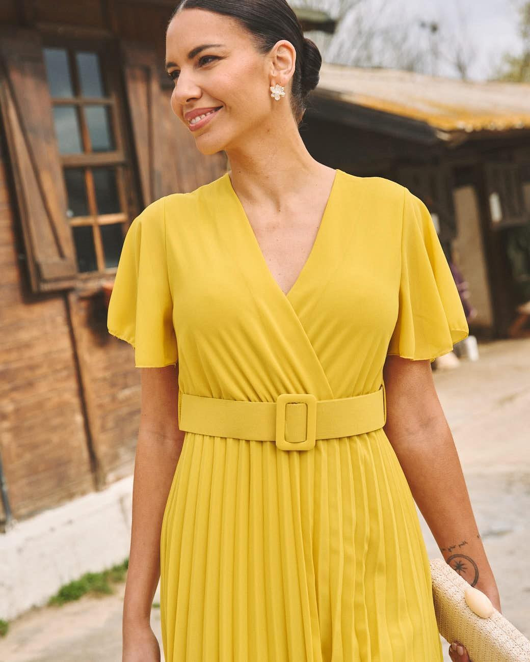 Yellow Pleated Wrap Dress with Flutter Sleeves and Belt Yellow Pleated Wrap Dress with Flutter Sleeves and Belt — Pleated Dress 2027