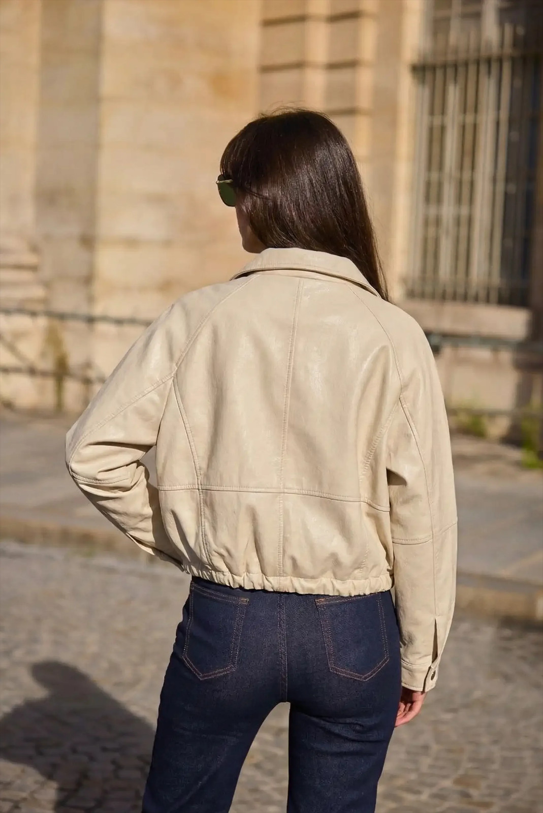 Relaxed Cream Faux Leather Jacket with Dark Wash Jeans Relaxed Cream Faux Leather Jacket with Dark Wash Jeans — Spring Europe Outfits 2027