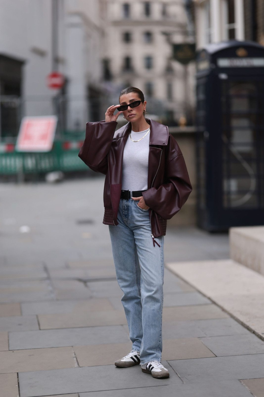 Light Blue Straight Leg Jeans with a Burgundy Leather Biker Jacket Light Blue Straight Leg Jeans with a Burgundy Leather Biker Jacket — Straight Leg Jeans 2027