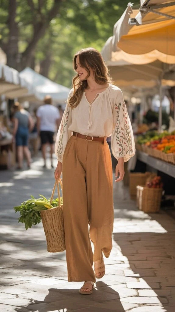 Embroidered Blouse with Linen Trousers and Basket Bag Embroidered Blouse with Linen Trousers and Basket Bag — Poetcore Outfits 2027