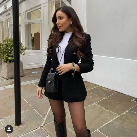 Textured Black Blazer with Shorts and Knee-High Boots — Fitted Blazer Outfits 2027