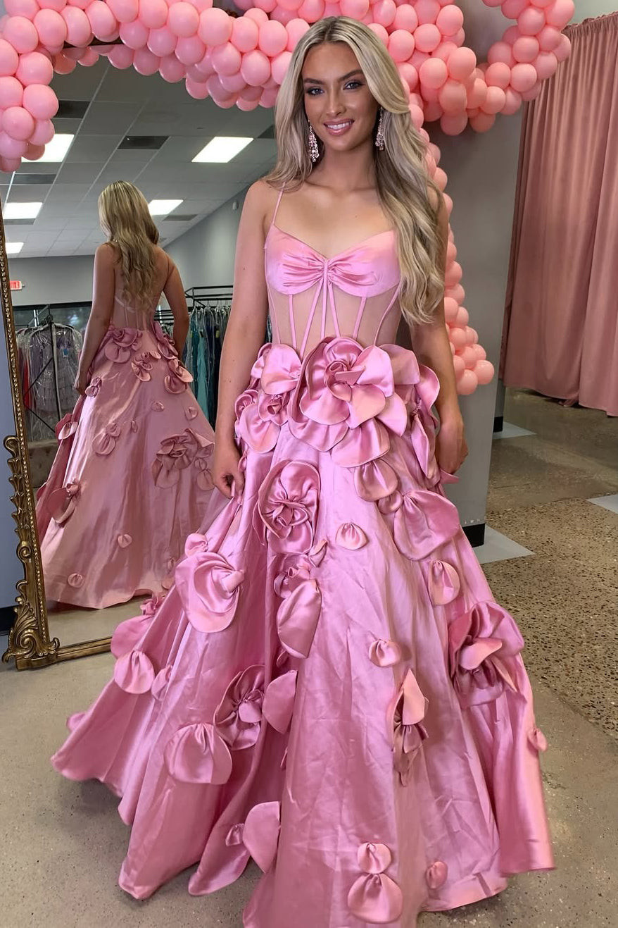 Pink Satin Corset Ballgown with Oversized Fabric Floral Appliqués Pink Satin Corset Ballgown with Oversized Fabric Floral Appliqués — Corset Prom Dresses 2027