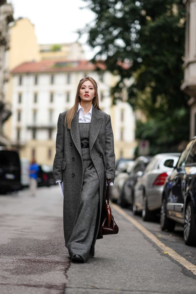Layered Grey Outfit Featuring a Long Coat, Waistcoat, and White Shirt Layered Grey Outfit Featuring a Long Coat, Waistcoat, and White Shirt — Winter Neutral Outfits 2027