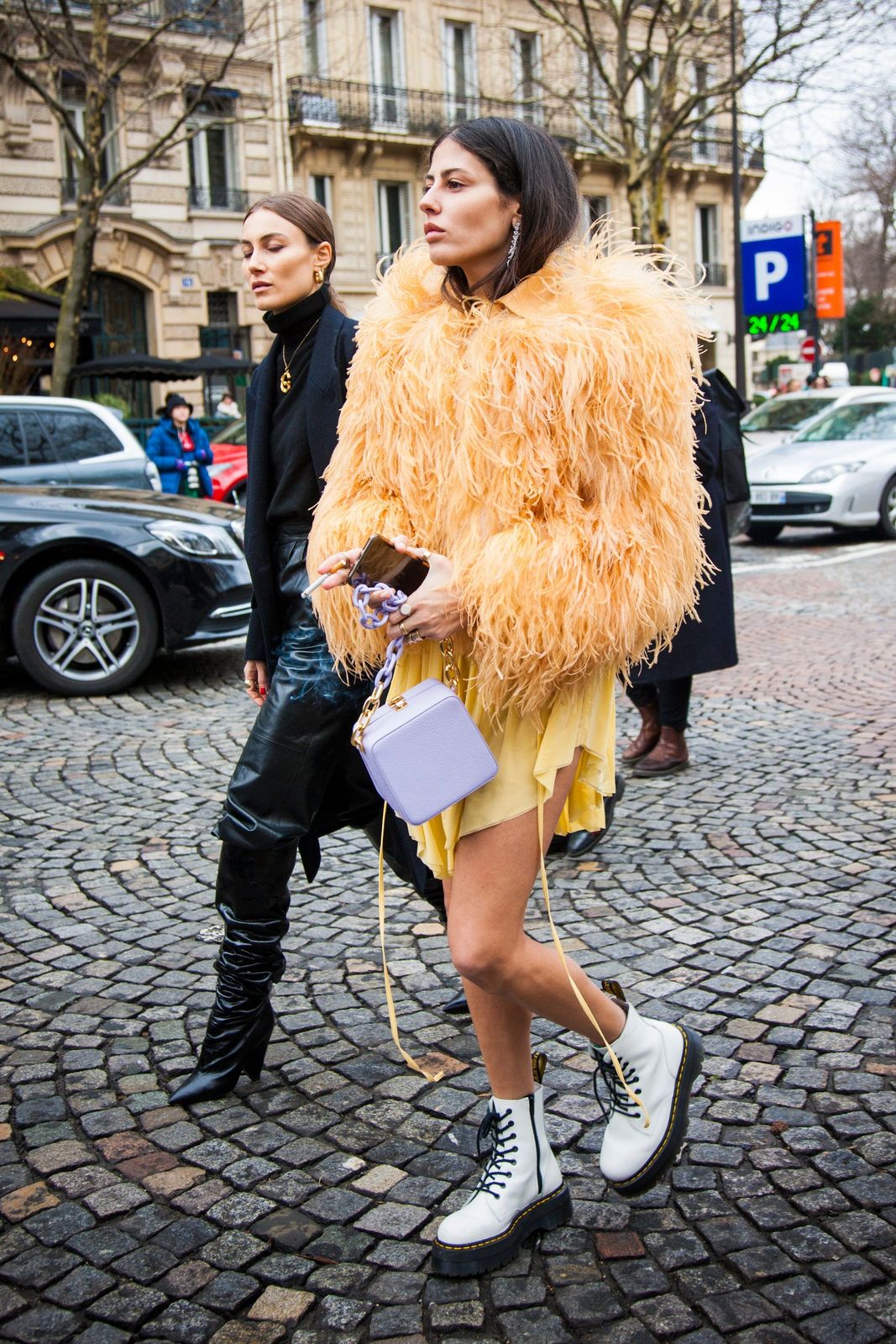 Playful Contrast: Dr. Martens Boots with a Mini Dress and Feather Coat Playful Contrast: Dr. Martens Boots with a Mini Dress and Feather Coat — Doc Martens Outfits 2027