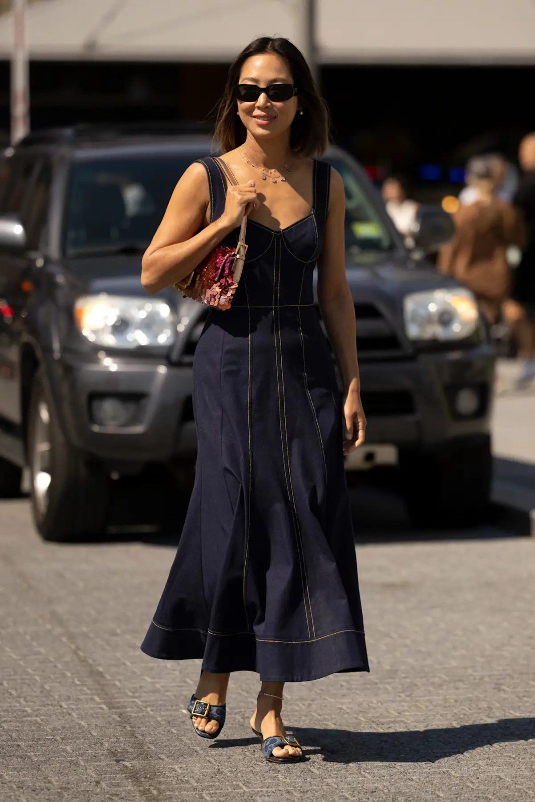 Denim Midi Dress with Contrast Stitching and Slide Sandals Denim Midi Dress with Contrast Stitching and Slide Sandals — Summer Outfits 2027 with Sandals