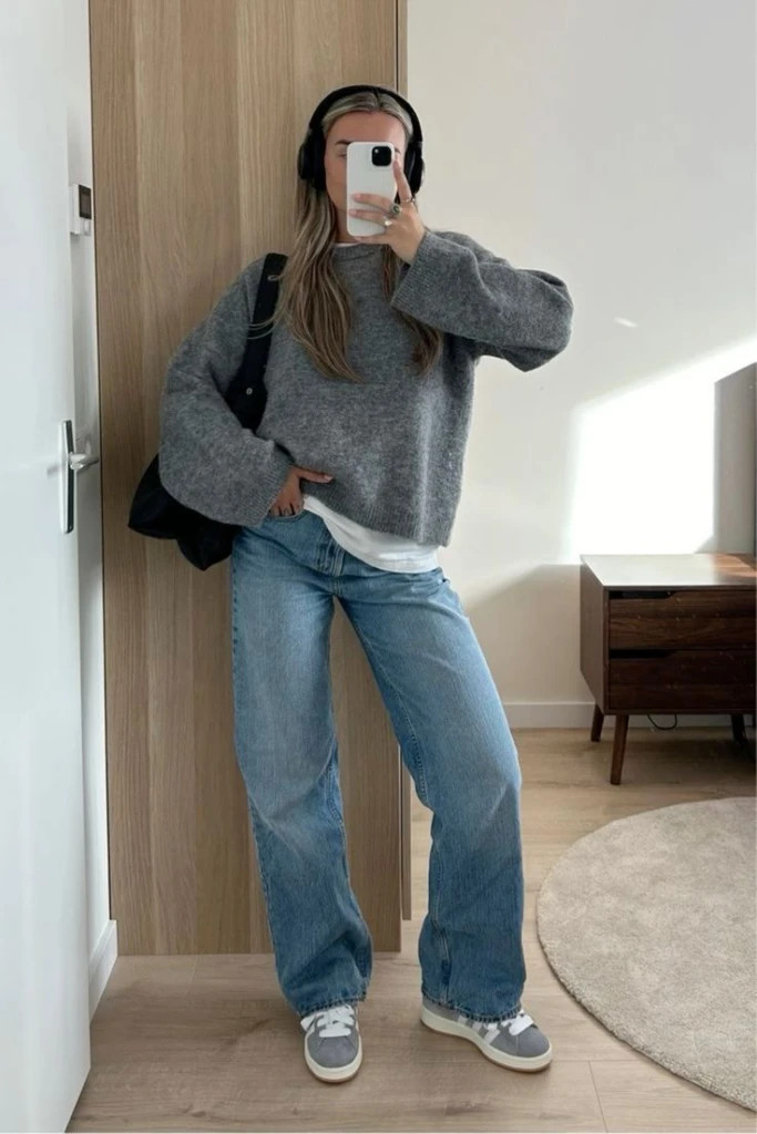 Oversized Grey Bell-Sleeve Sweater with Baggy Light Wash Jeans Oversized Grey Bell-Sleeve Sweater with Baggy Light Wash Jeans — Sweater and Jeans Outfits 2027