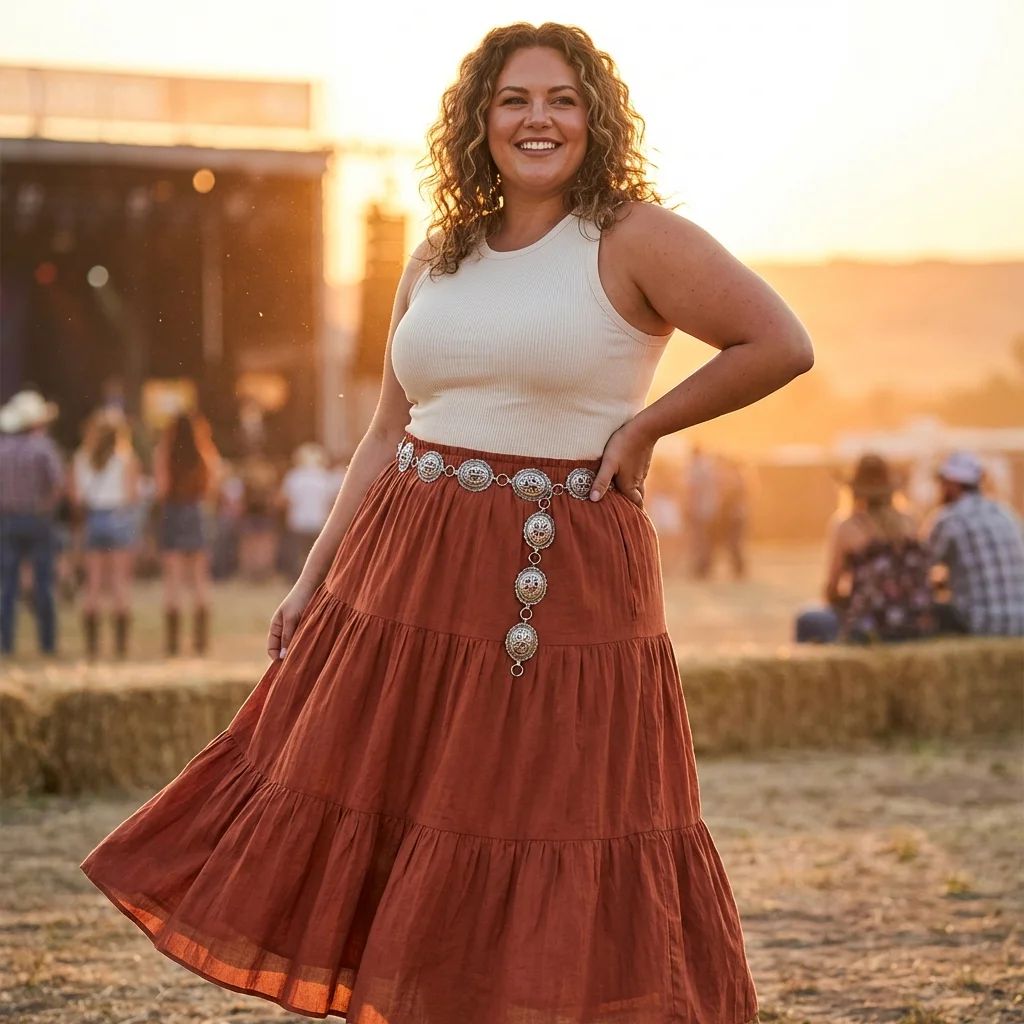 Ribbed Tank and Tiered Midi Skirt with Western Belt Ribbed Tank and Tiered Midi Skirt with Western Belt — Cowgirl Outfits 2027