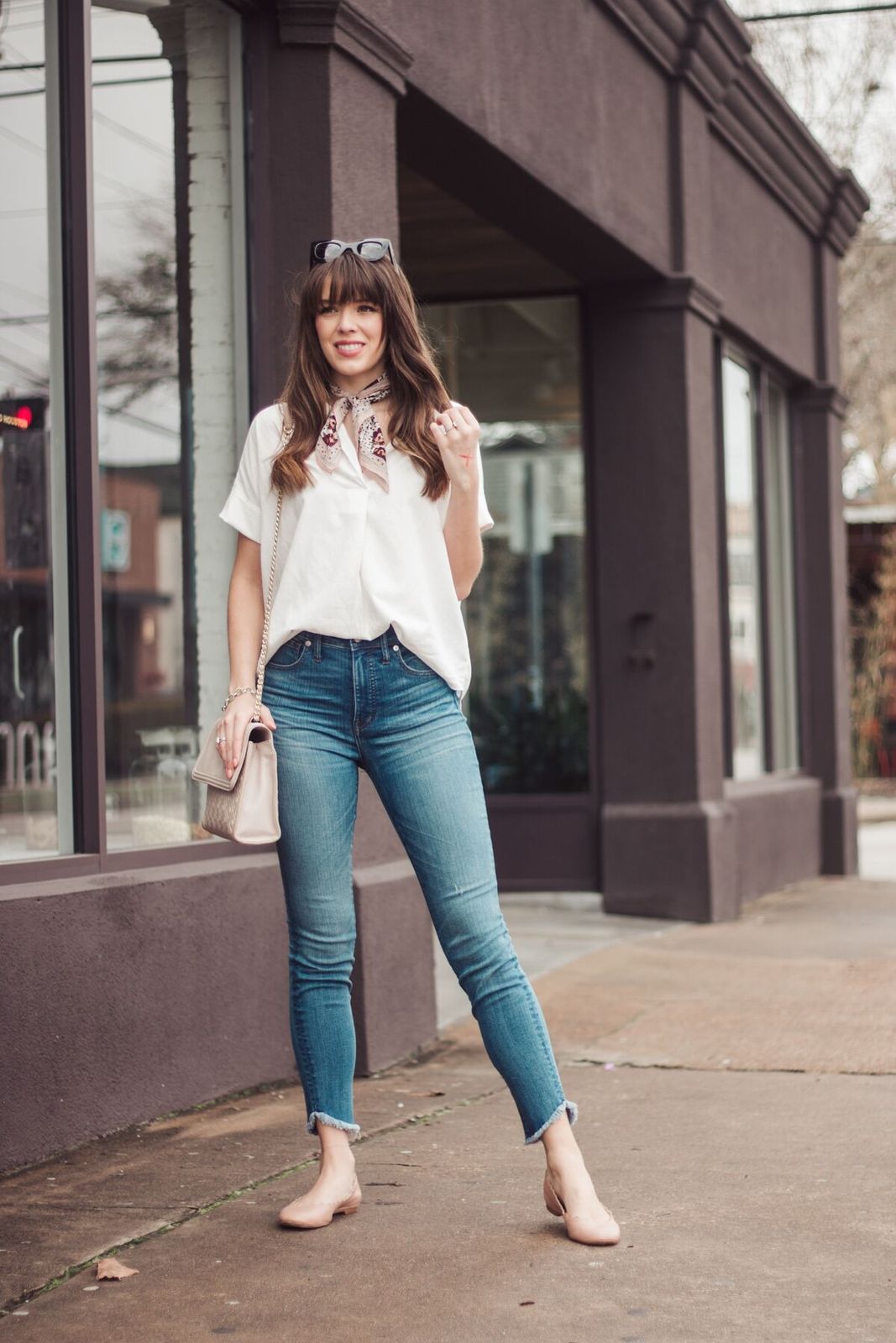 White Button-Down with Frayed Hem Jeans and Scarf White Button-Down with Frayed Hem Jeans and Scarf — Everyday Outfits 2027