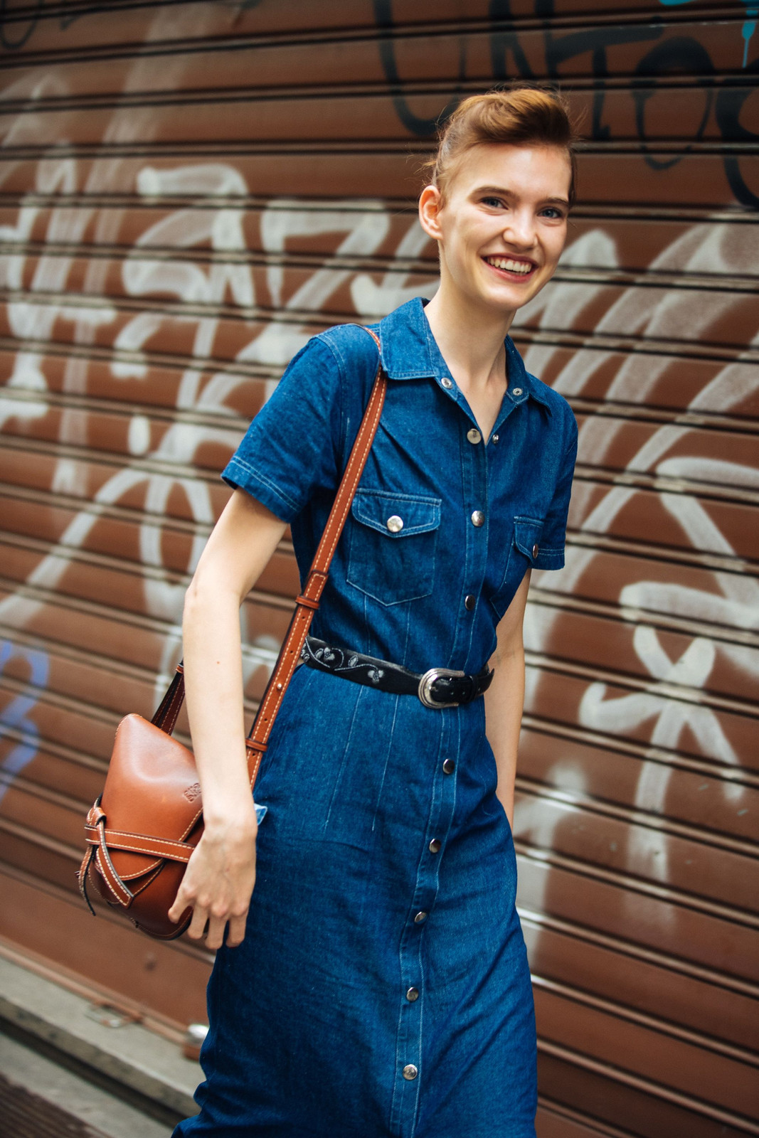 Denim Shirt Dress with Leather Belt and Crossbody Bag Denim Shirt Dress with Leather Belt and Crossbody Bag — Denim Dresses 2027