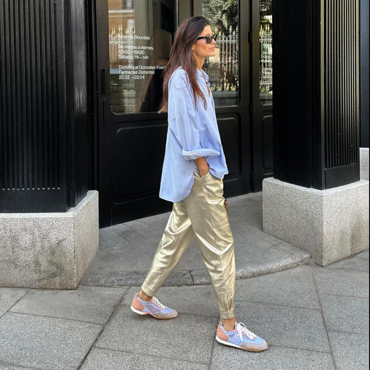 Metallic Gold Trousers with Oversized Shirt and Pastel Sneakers Metallic Gold Trousers with Oversized Shirt and Pastel Sneakers — Spring Outfits 2027 with Sneakers