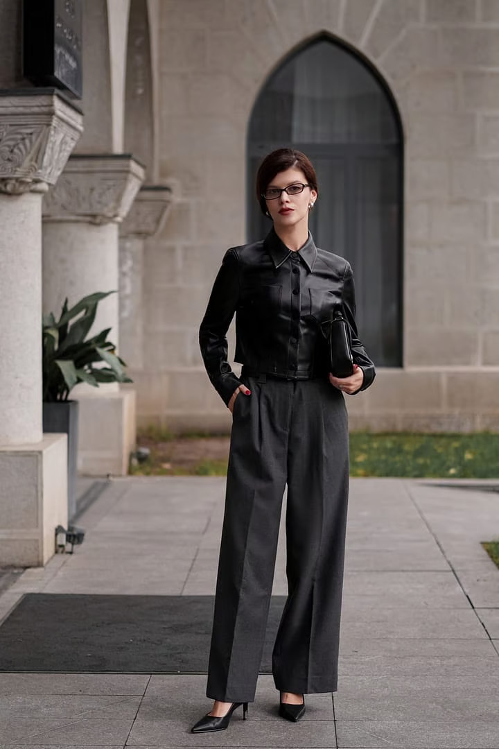 Leather Shirt and Grey Trousers for a Bold Interview Statement Leather Shirt and Grey Trousers for a Bold Interview Statement — Winter Interview Outfits 2027