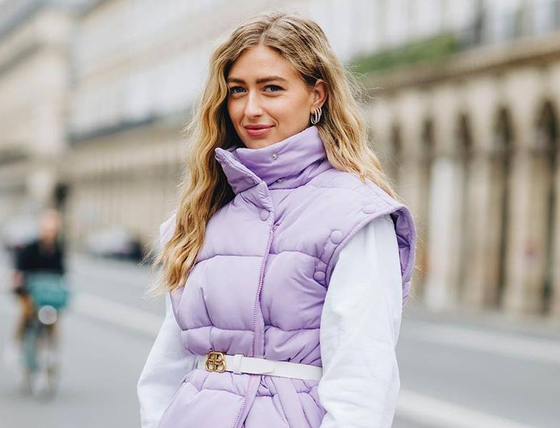 Soft Pastel: Lavender Vest with White Top and Belt Detail Soft Pastel: Lavender Vest with White Top and Belt Detail — Puffer Vest Outfits 2027