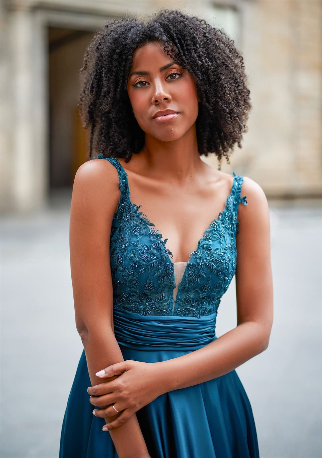 Teal Fit-and-Flare Dress with Embellished Bodice and Satin Skirt — Cocktail Party Outfits 2027