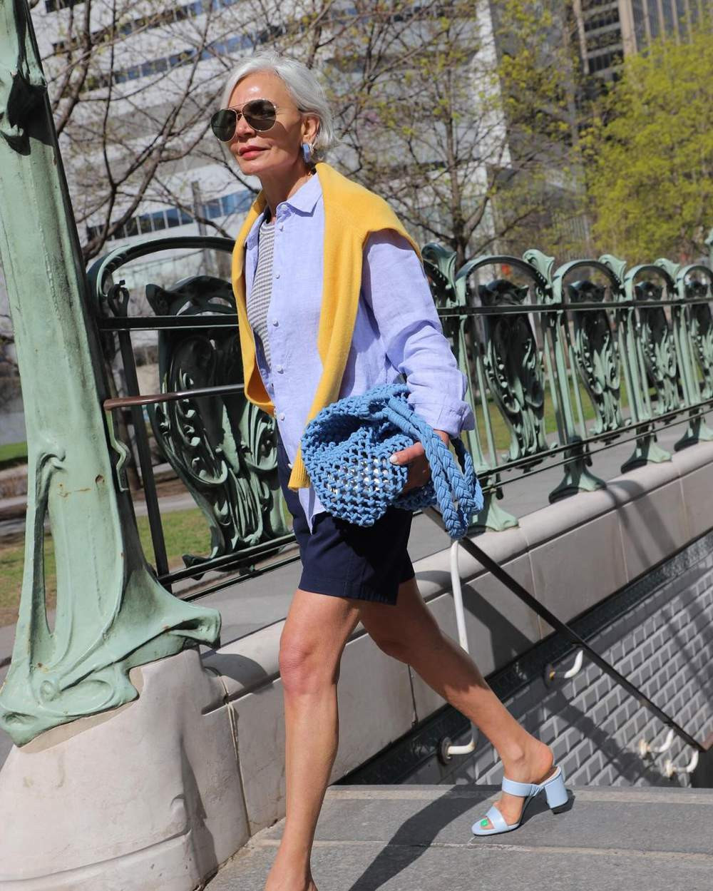 Casual Chic: Linen Shirt, Shorts, and Draped Sweater Casual Chic: Linen Shirt, Shorts, and Draped Sweater — Summer Outfits 2027 for Women Over 50