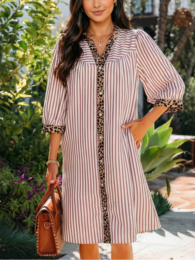 Striped Shift Dress with Leopard Trim and Leather Handbag Striped Shift Dress with Leopard Trim and Leather Handbag — Savannah Outfits 2027