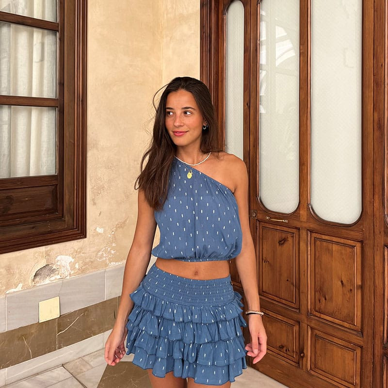 Blue Tiered Skort with One-Shoulder Crop Top Blue Tiered Skort with One-Shoulder Crop Top — Skort Outfits 2027