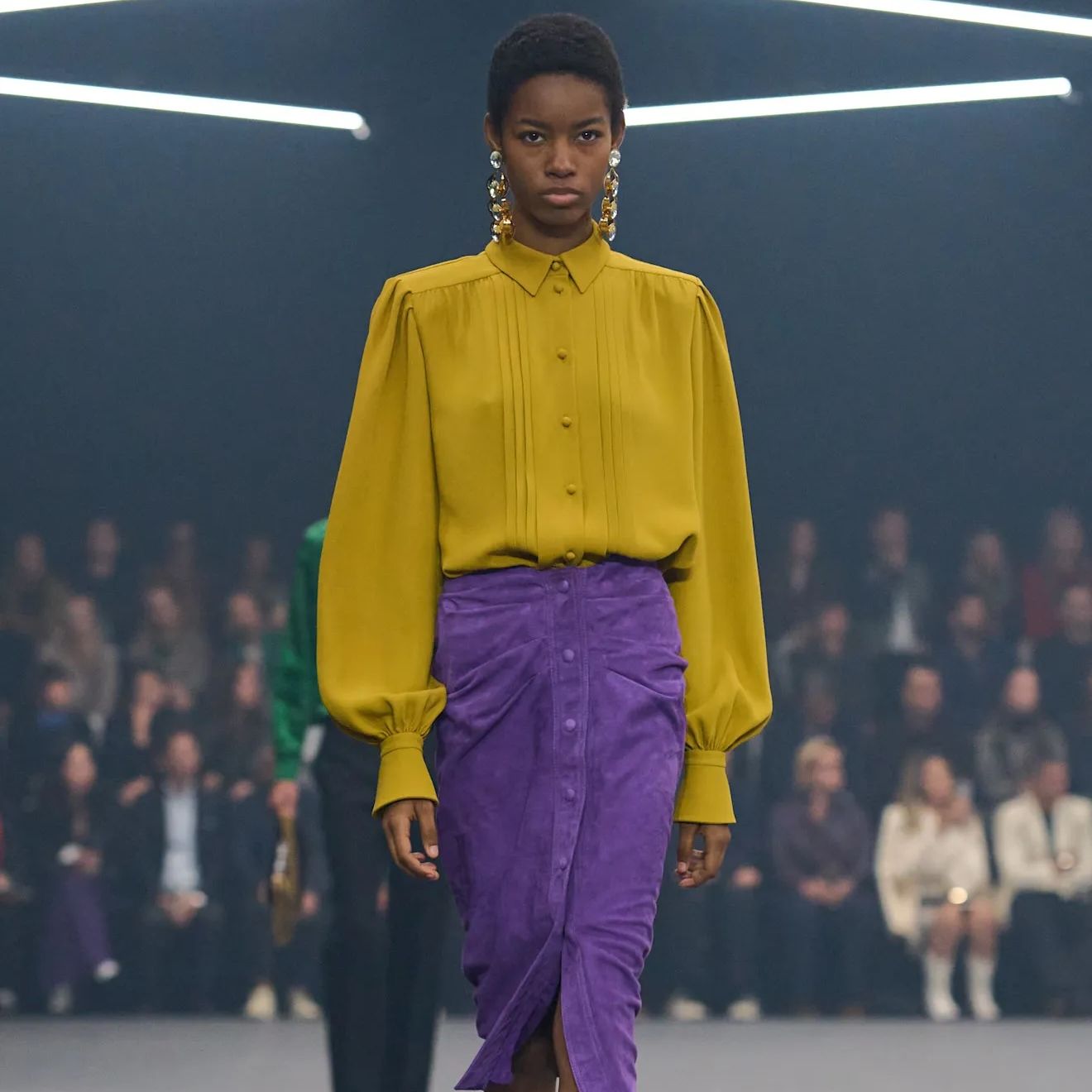 Mustard yellow puffed sleeve blouse with purple suede midi skirt Mustard yellow puffed sleeve blouse with purple suede midi skirt — 80s Luxury Outfits 2027